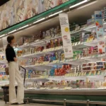 Покупательница выбирает молочные продукты