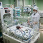 Tambov region, Russia - Doctor at the cuvette with the child