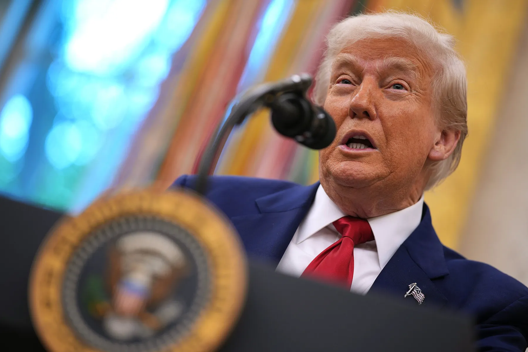 President Donald Trump speaks in the Oval Office