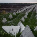 A view shows anti-tank fortifications